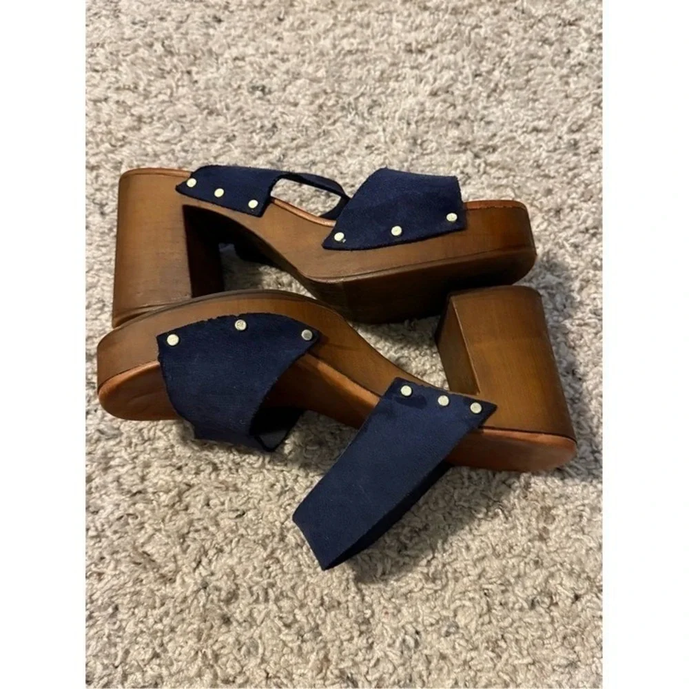 Navy Blue Suede Wooden Platform Slide Sandals Studded Block Heel Retro 70s Style